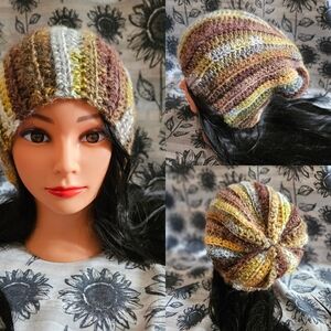 Crochet Wool Mix Slouchy Green Brown Beanie Hat